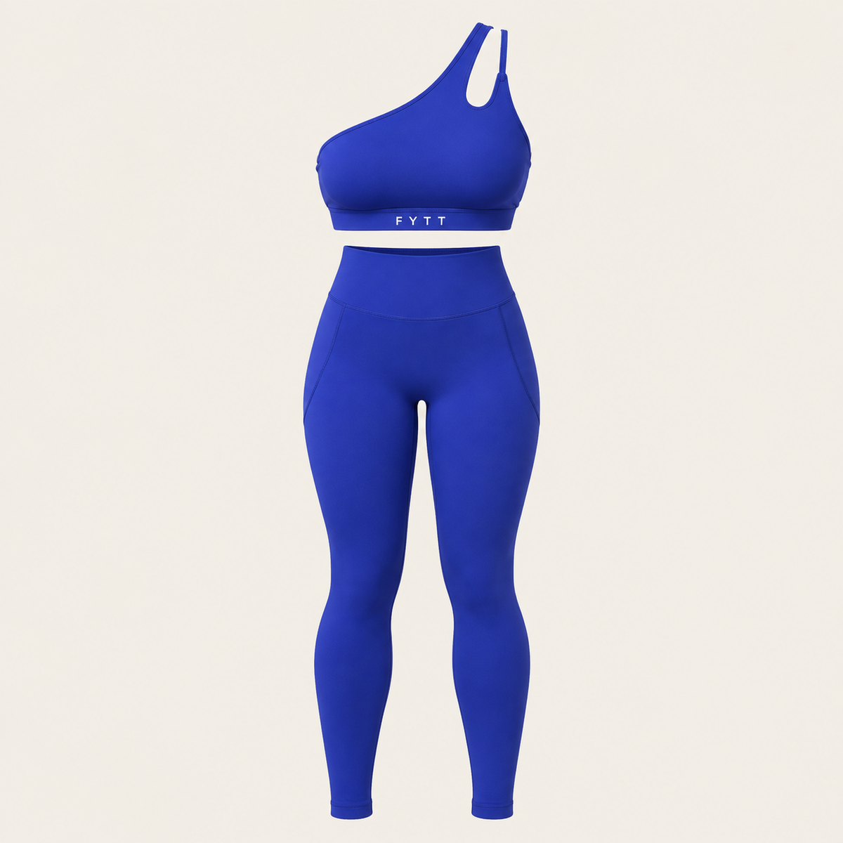 A two-piece athletic set consisting of a royal blue one-shoulder sports bra and matching high-waisted leggings, 