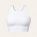 A white athletic sports bra with a racerback design