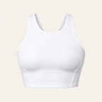 A white athletic sports bra with a racerback design