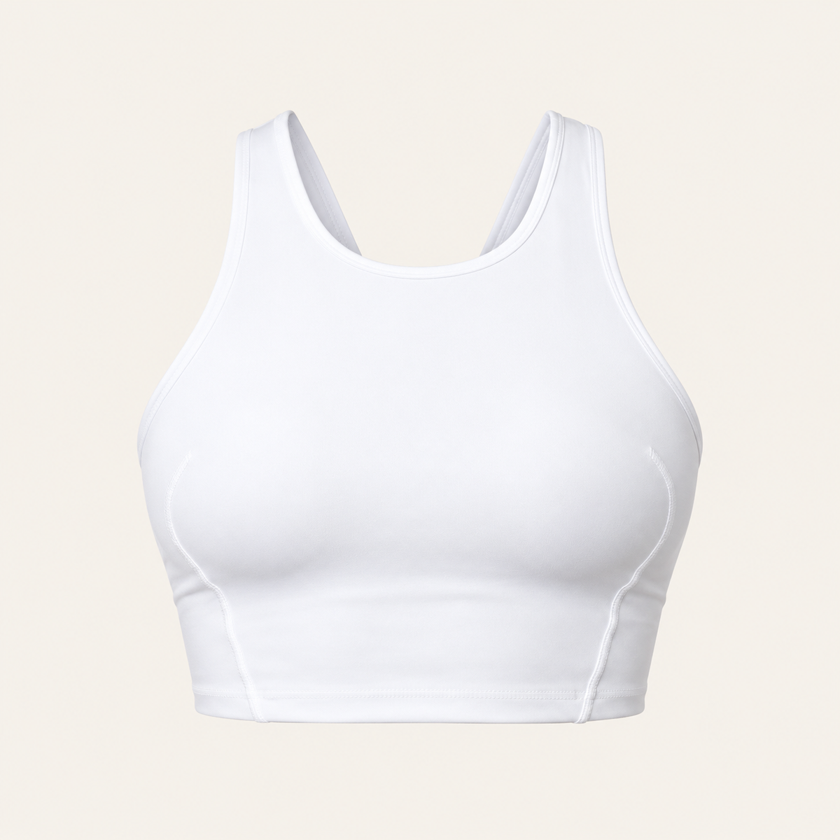 A white athletic sports bra with a racerback design