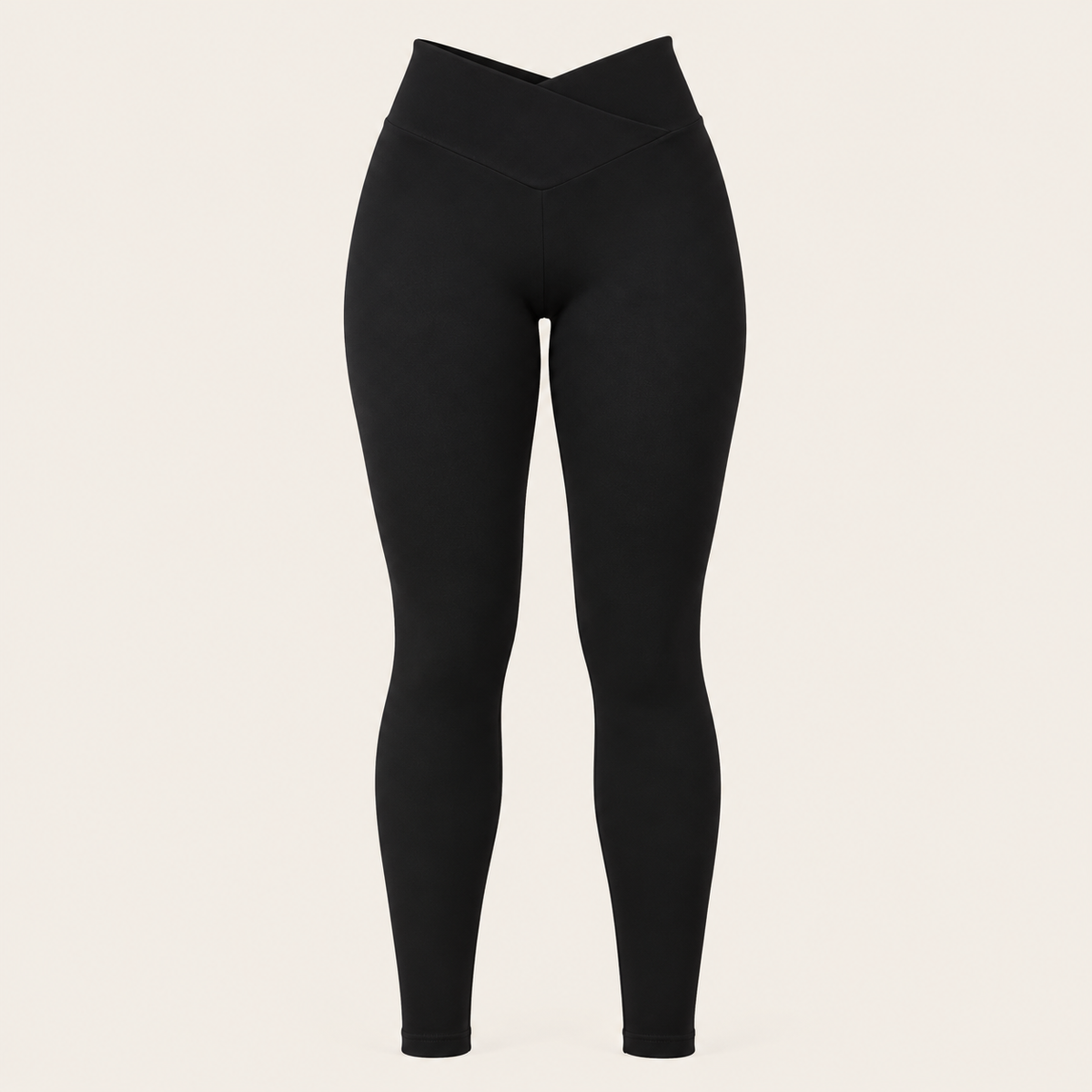 Black high-waisted leggings with a crossover waistband, 
