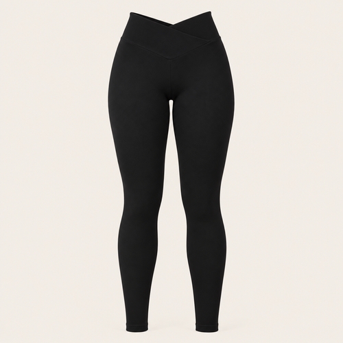 Black high-waisted leggings with a crossover waistband, 