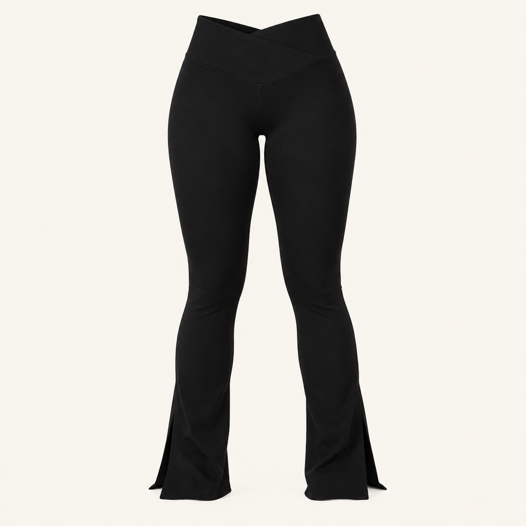 Black high-waisted flared leggings with side slits at the hem, s