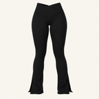 Black high-waisted flared leggings with side slits at the hem, s