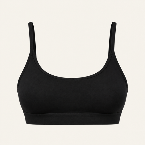 A black scoop-neck bralette with thin shoulder straps and a wide underband, 