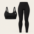 A black athletic set featuring a scoop-neck sports bra and matching high-waisted leggings, sports sets 