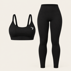 A black athletic set featuring a scoop-neck sports bra and matching high-waisted leggings, sports sets 
