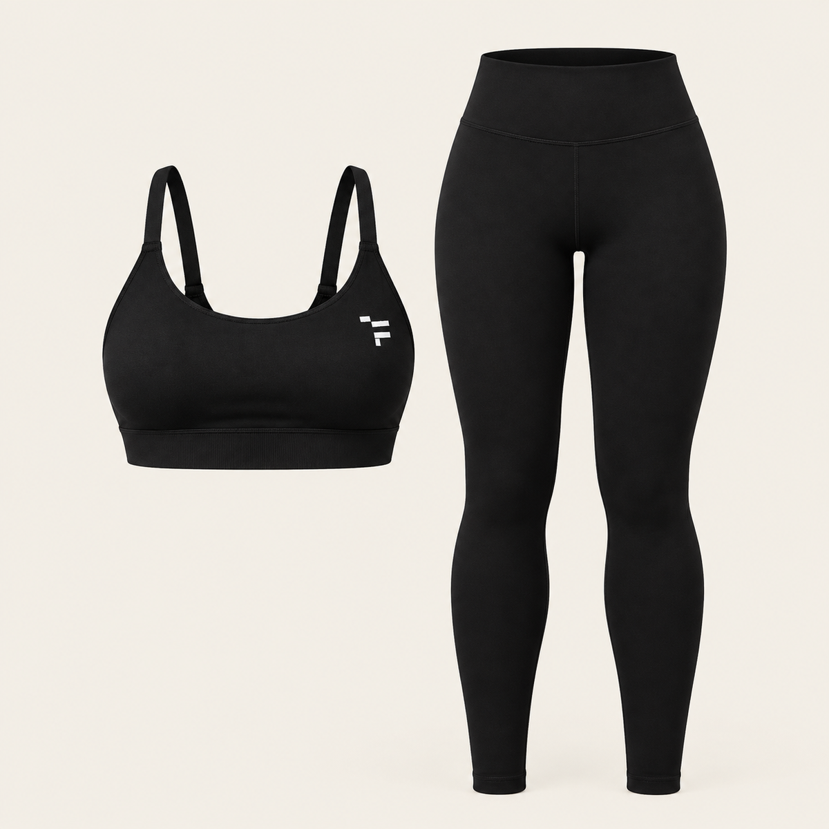 A black athletic set featuring a scoop-neck sports bra and matching high-waisted leggings, sports sets 