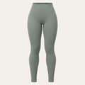 A pair of high-waisted, full-length athletic leggings in a muted sage green color, 