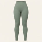 A pair of high-waisted, full-length athletic leggings in a muted sage green color, 